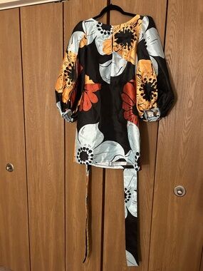 Floral Puff-Sleeve Mini Dress in Black, Orange & Cream